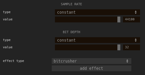 An example of a typical control panel in web synth, created using react-control-panel and controlling a bitcrusher effect