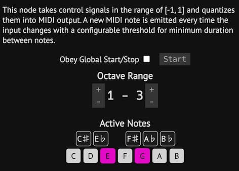 A screenshot of the MIDI quantizer node UI from web synth showing the octave selector, not selector, and some info about the node