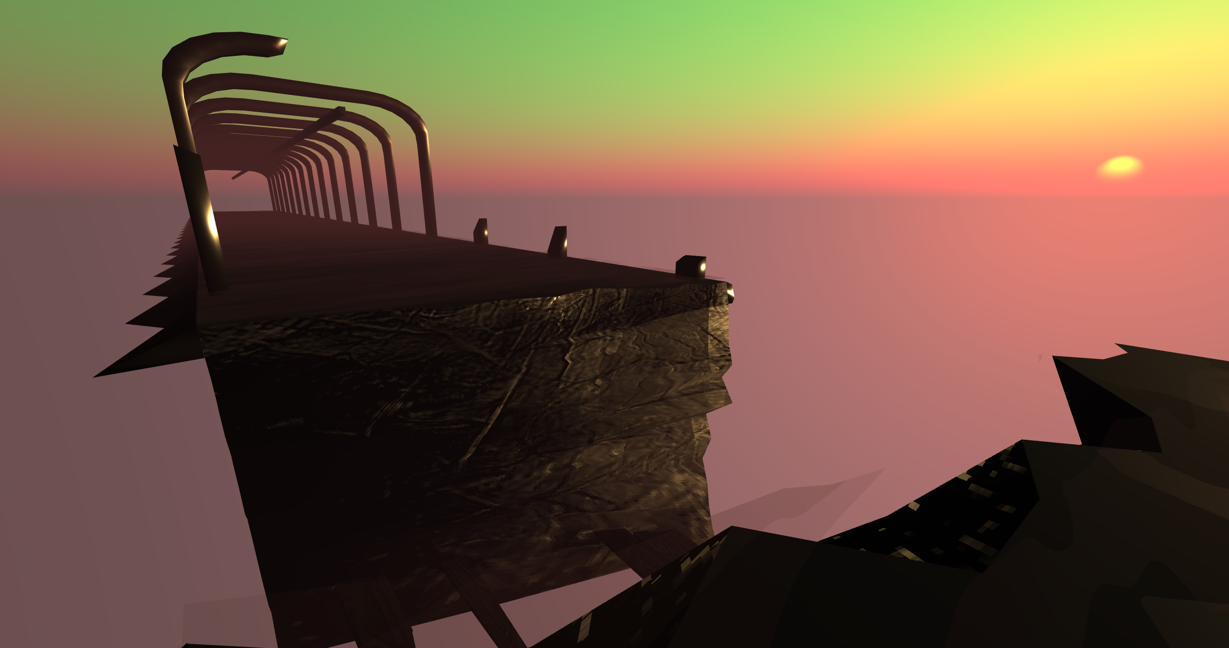 A screenshot of one of the 3D game-like demos I've been working on.  Shows a floating bridge with a pixelated texture and some metal arches, a brightly-colored green and red sky, and maroon fog over the bridge's surface