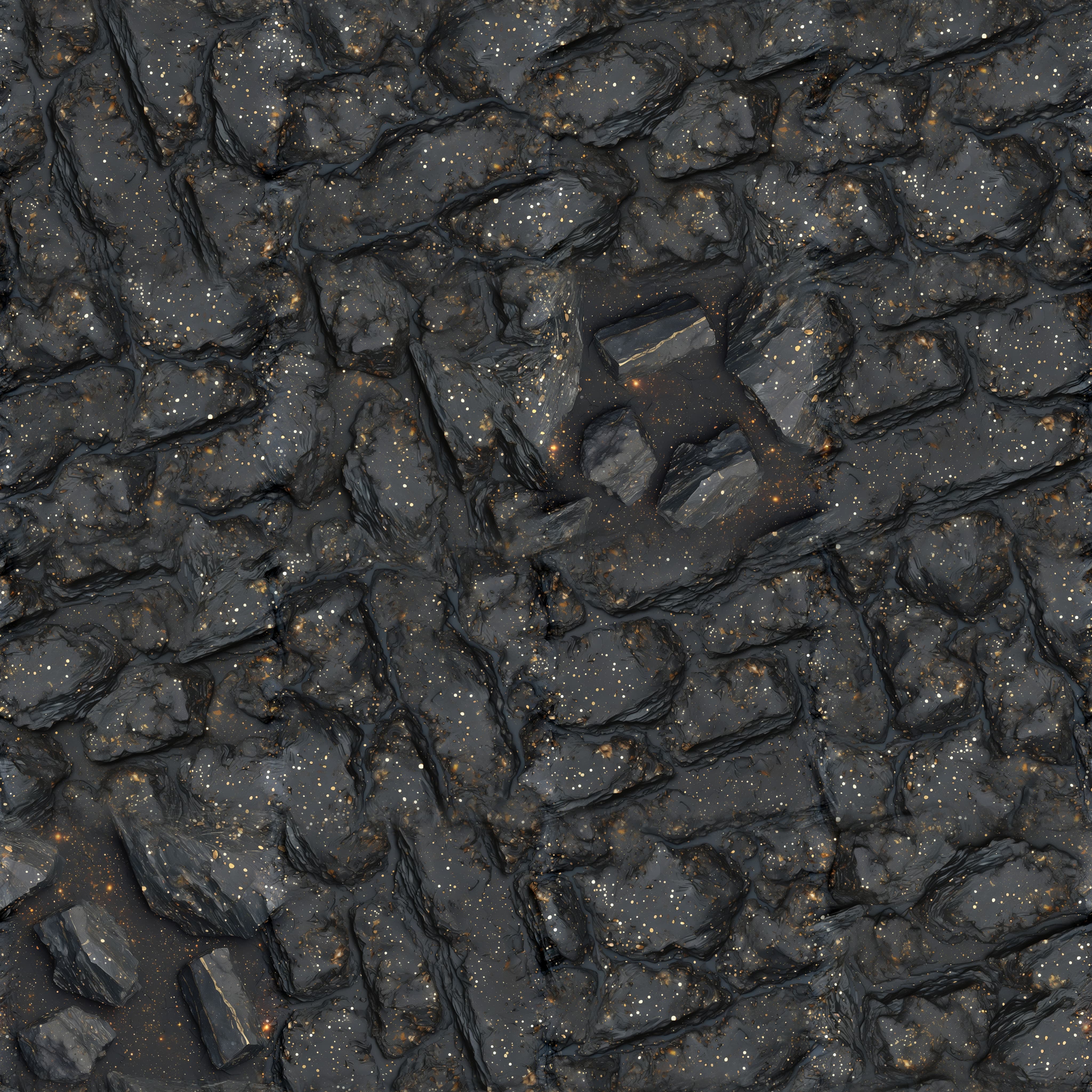 4K texture generated with stable diffusion XL.  Generated with the prompt “top-down image of rough solid flat dark, rich slate rock. interspersed with bright ((flecks)) of ((glinting)) metallic spots like mica. high quality photograph, detailed, realistic”