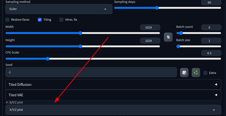 Screenshot of a section the Automatic1111 Stable Diffusion web UI.  There is a red arrow pointing to the “Script” dropdown at the bottom, and the “X/Y/Z Plot” option is selected in it.