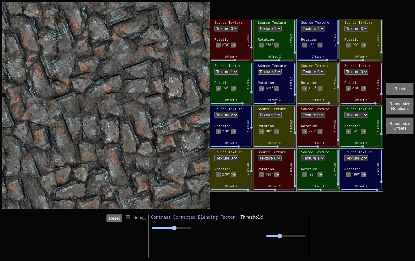 A screenshot of the seamless texture crossfade stitcher web UI.  Shows the generated stitched 4K texture on the left and a grid controlling the rotations, offsets, and selections of sub-images in the grid on the right.