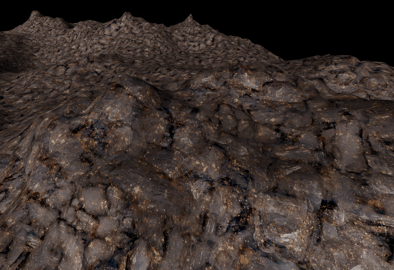 Screenshot of some mountainous terrain generated with Blender and rendered in Three.JS.  The black and gold rocky texture I generated earlier is applied to the ground with the PBR maps included.  The texture is tiled using a hex tiling algorithm so it repeats infinitely without any obvious repetition.