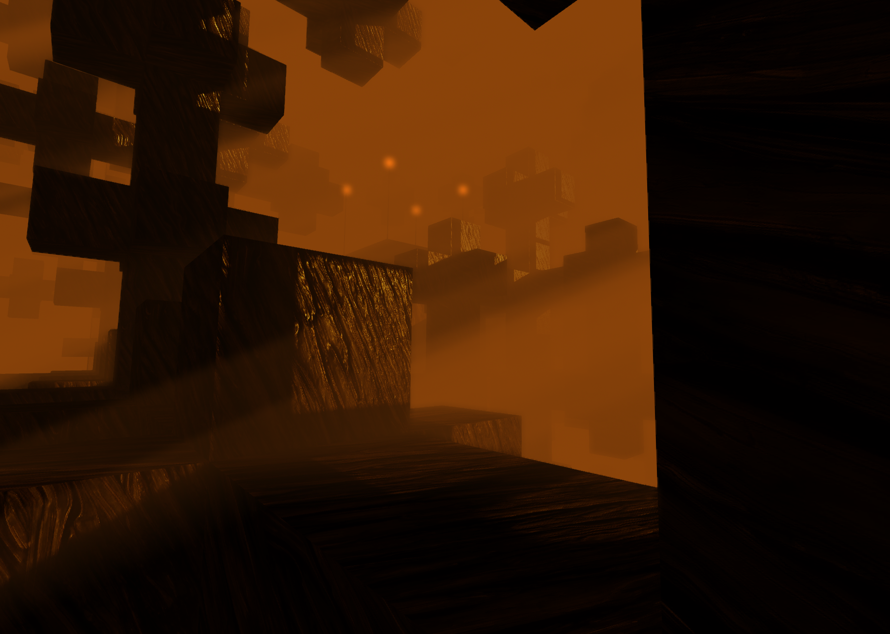 A screenshot of the "smoke" level.  Shows intense orange fog, floating fractal structures composed out of large dark cubes with stone-like texturing and patterns, and four orange/yellow lights glowing in the distance supported by long poles.