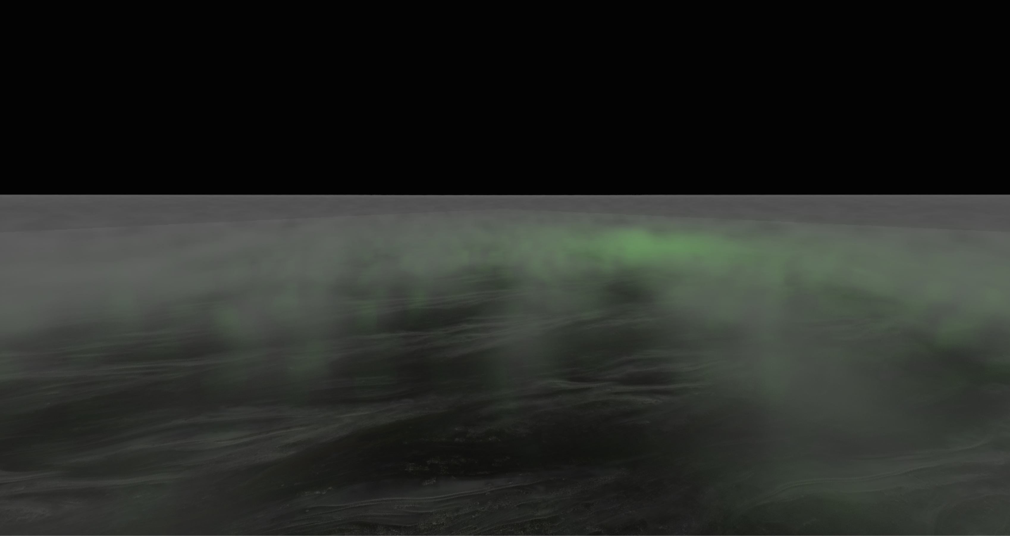 A screenshot of some volumetric fog rendered with my shader on my M1 Macbook laptop.  There is a green light reflecting off the surface of the fog.  The lighting is detailed and shows off the detailed 3D texture of the fog.