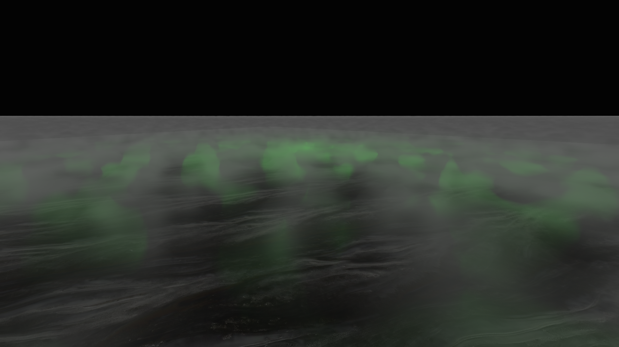 A screenshot of some volumetric fog rendered with my shader on my Desktop with an AMD GPU.  There is a green light reflecting off the surface of the fog.  The lighting looks inaccurate and low resolution, not matching the 3D texture of the fog well.