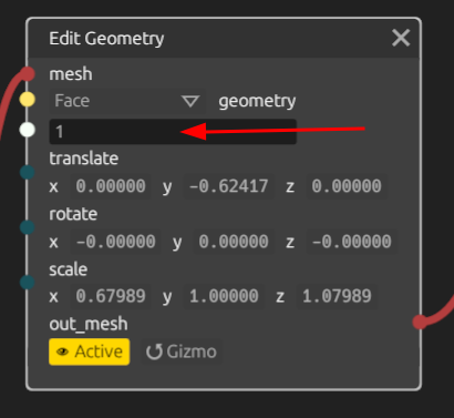 Screenshot of the “Edit Geometry” node from the blackjack UI.  Shows several inputs, outputs, and parameters such as a red “mesh” input, translation, rotation, and scale params, and a dropdown selection for edit type.