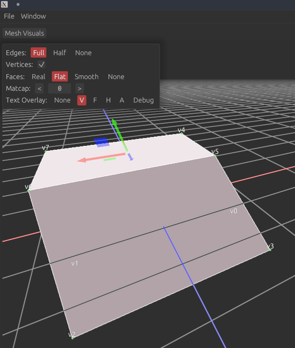 Screenshot of the “Mesh Visuals” menu from the blackjack UI along with a slightly deformed cube rendered in the 3D viewport.  The “V” option of the “Text Overlay” section is selected, which has caused white labels to be displayed on each vertex.