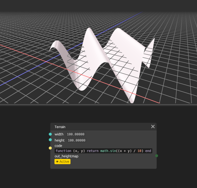 Screenshot of blackjack UI showing a terrain node with some code entered to generate a heightmap, along with the rendered result in the 3D viewport.  The entered code is <code>function (x, y) return math.sin((x + y) / 10) end</code>