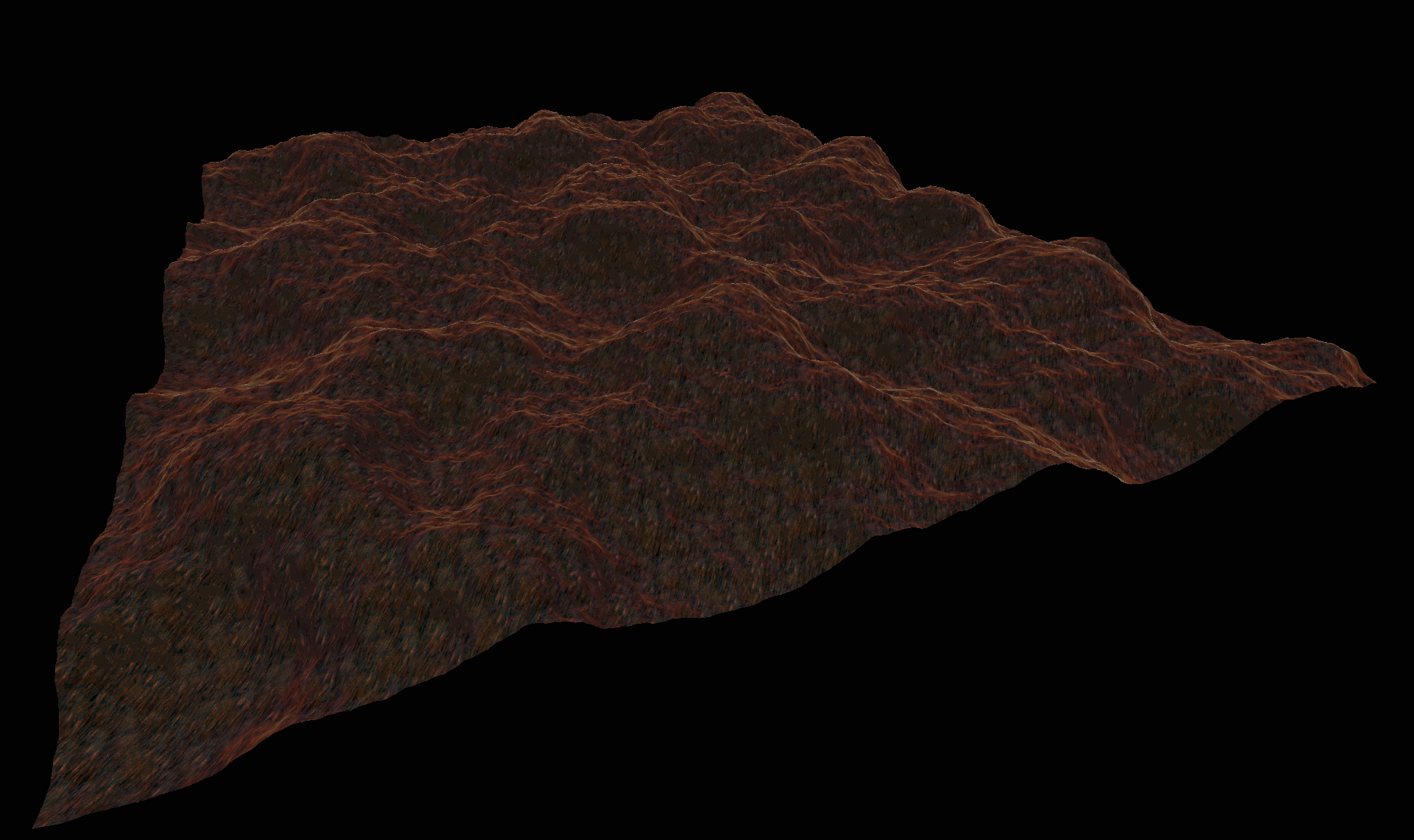 Screenshot of some floating test terrain generated using Hill noise.  It’s textured with a reddish granite-looking material that has no apparent repetition or seams due to the use of a hex tiling shader