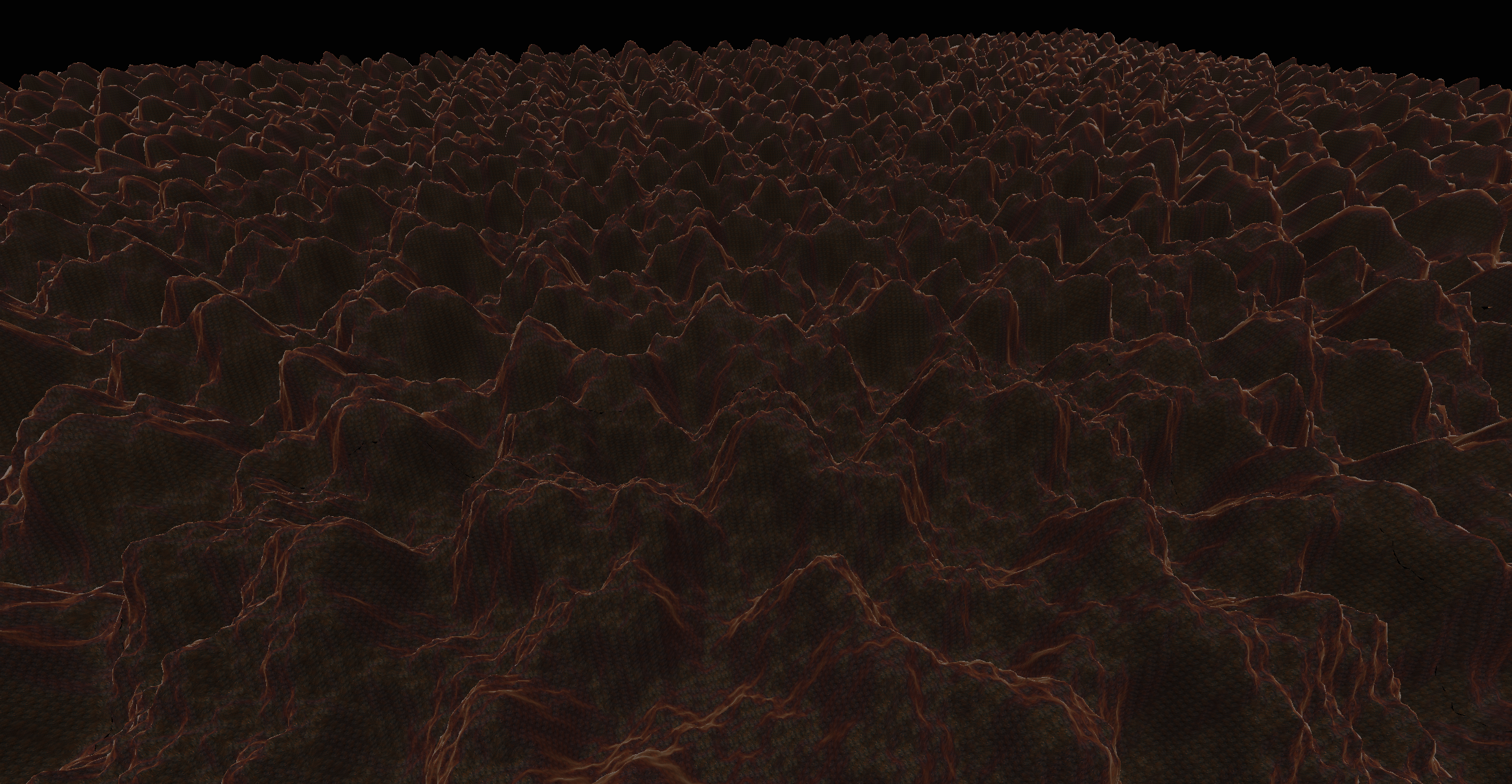 Screenshot of some floating test terrain generated using Hill noise, expanded out much further.  It’s pretty clear where the sine waves at the lower frequencies repeat.