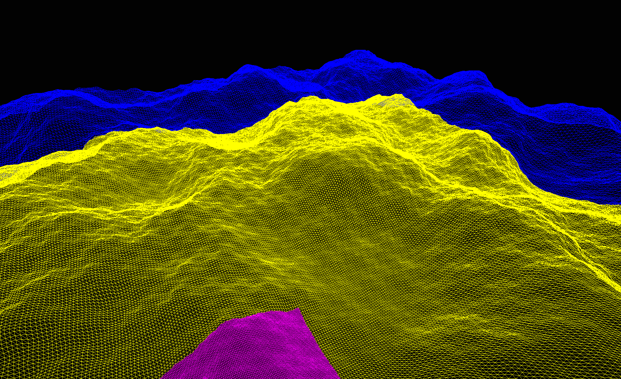 Screenshot of a zoomed-in version of the terrain generated using Hill noise, rendered as a multicolored wireframe.  There is a regular lumpyness that shows through on the surface of the terrain, with the lumps all about the same size, shape, spacing.