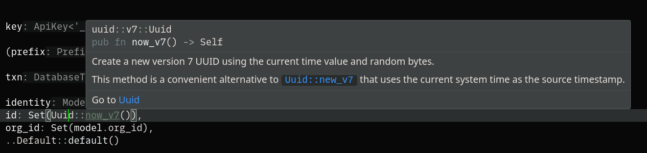 A screenshot of inline documentation showing up on hover for the <code>Uuid::new_v7()</code> function in VS Code while editing some Rust code