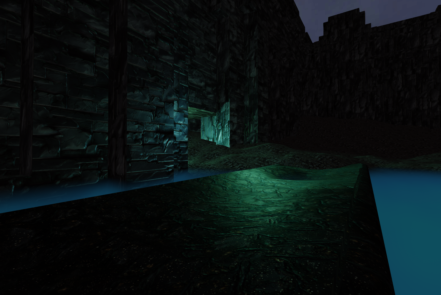 Screenshot of a scene in Three.JS.  It consists of a stone wall I built in MineCraft and exported via jmc2obj, volumetric fog, rocky procedural terrain, and some spooky green lighting.