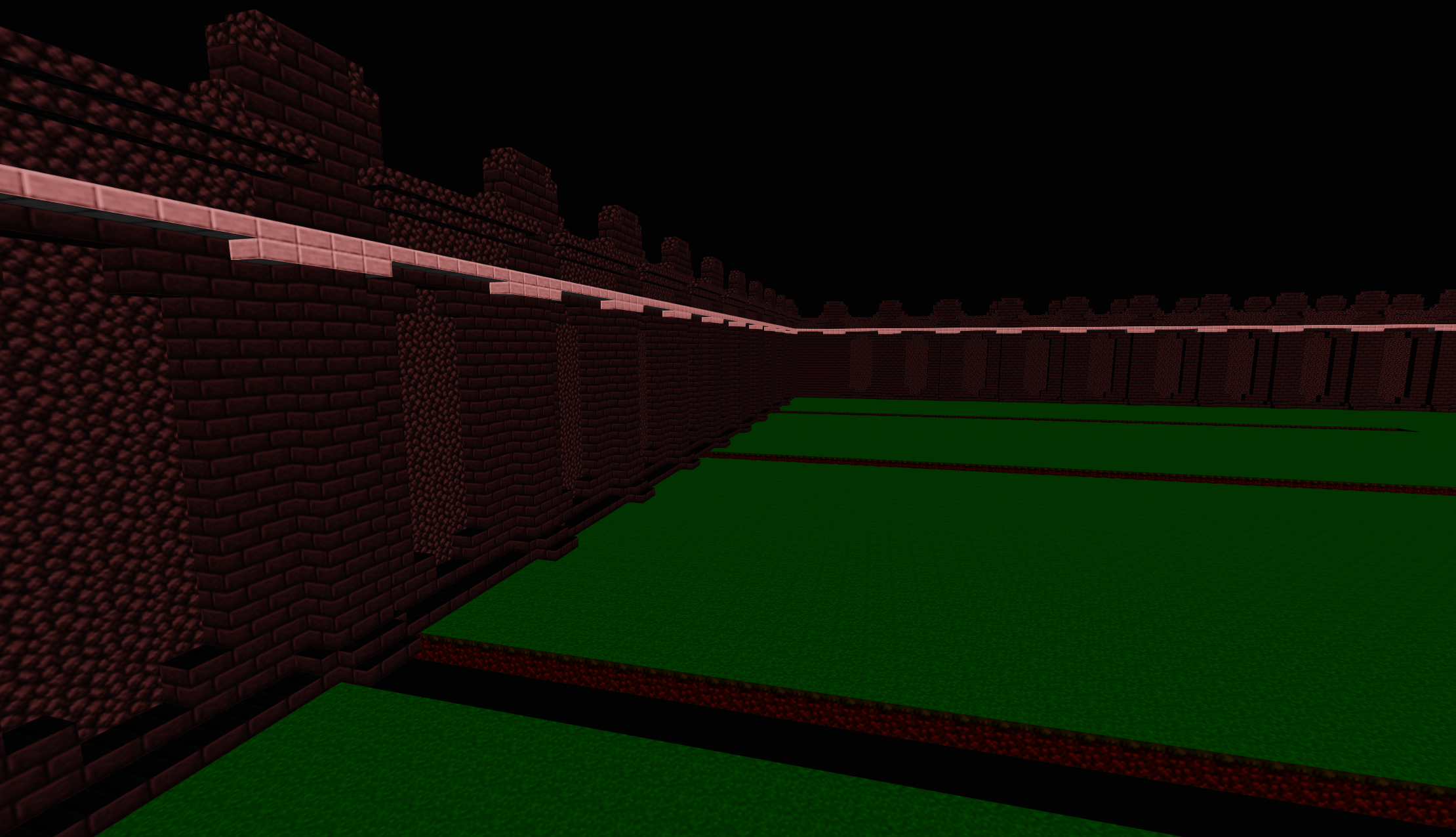 Screenshot of a MineCraft build exported via jmc2obj loaded into Three.JS with ObjLoader.  The build itself is a stone wall surrounding a grassy field with textures similar to the MineCraft defaults, floating in a black void.