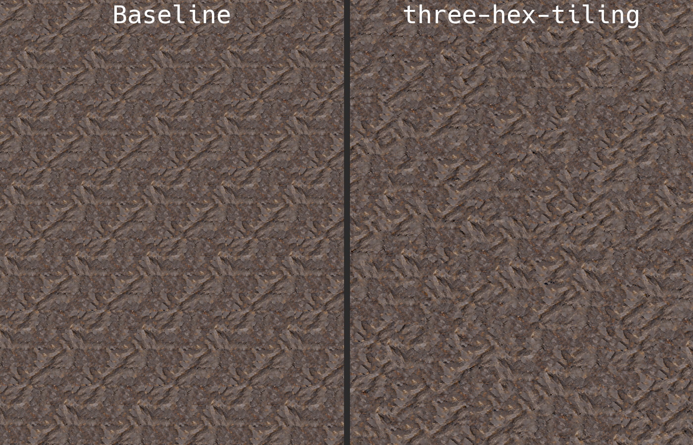 Screenshot showing comparison between a repeating seamless rock texture with and without three-hex-tiling.  The image is divided in half horizontally by a gray bar.  The left side is labeled "baseline" and shows a gray rock-like texture that clearly repeats, resulting in an artifical grid-like pattern.  The right side has the same rock texture but without any visible tiling and is labeled three-hex-tiling.
