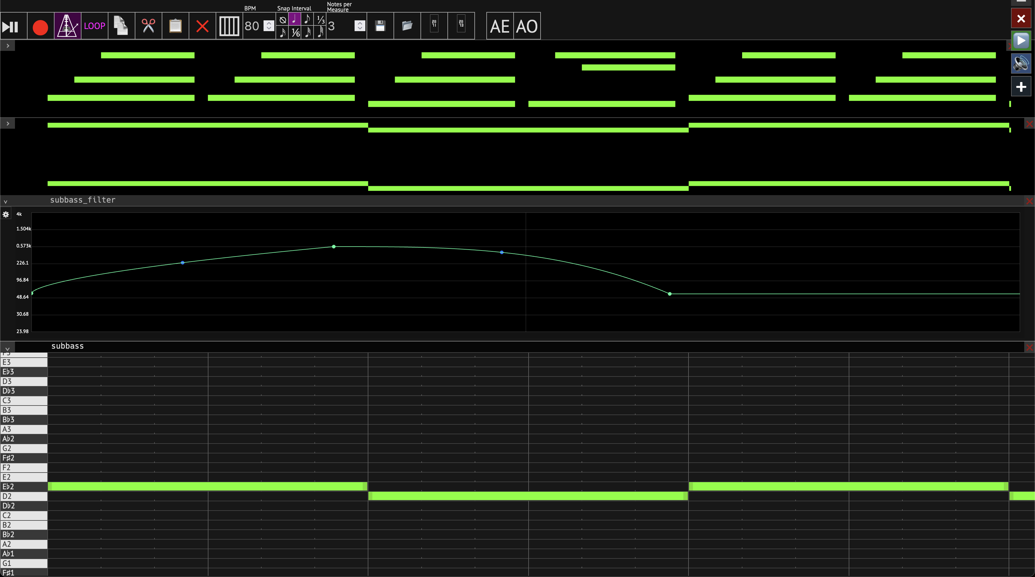 Screenshot of the MIDI editor showing its multi-track support with some tracks collapsed, showing only a small minimap-like view of their notes