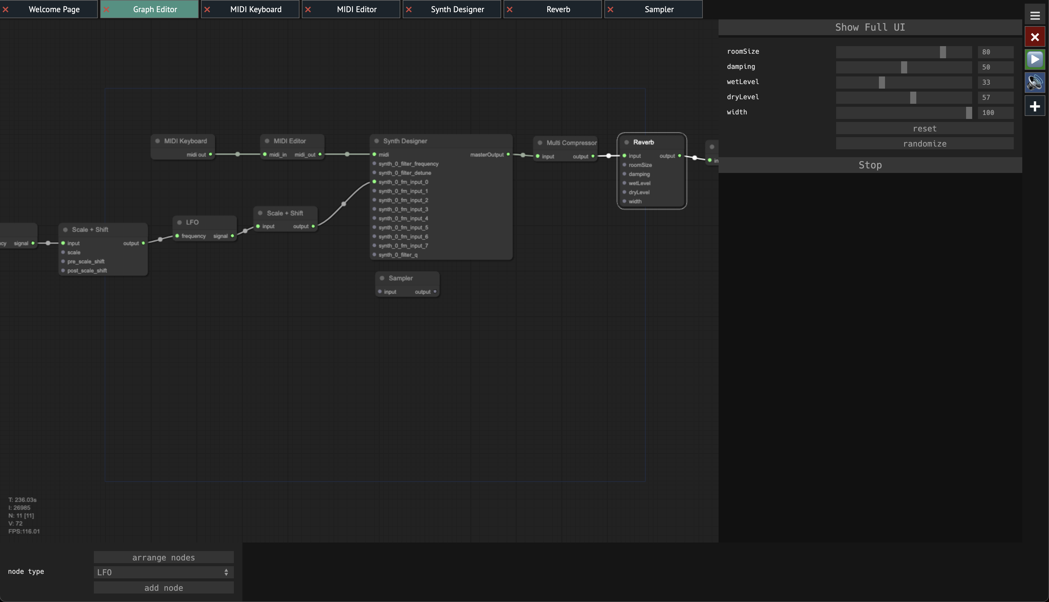 A screenshot of the graph editor showing several connected nodes along with a small UI for the currently selected node on the right