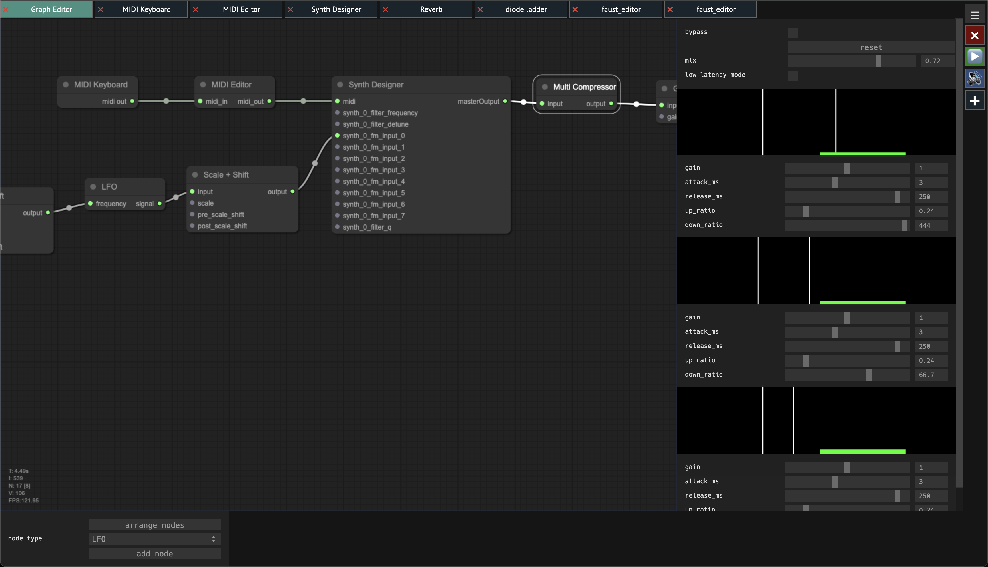 A screenshot of the graph editor for web synth with several nodes connected together.  A node labeled "Multi Compressor" is selected which has caused a small UI to be rendered on the right side of the page for controlling it.  The UI shows volume meters for three different frequency bands as well as several sliders for each for configuring the compressor for that band.