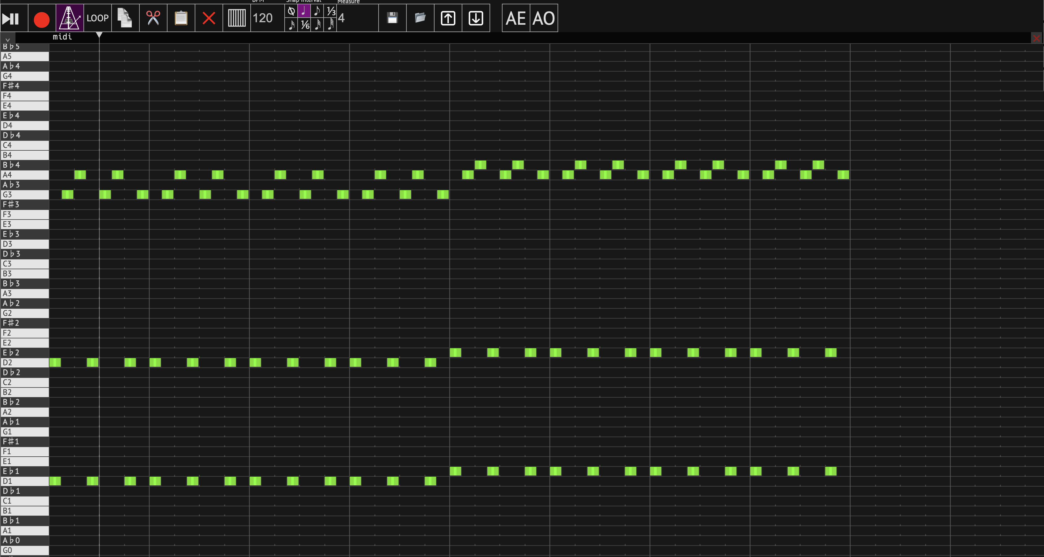 Screenshot of a MIDI editor web UI.  There are a few dozen rows of notes with a labeled piano keyboard on the left.  There are green notes arrayed along the composition.  There is a toolbar with a variety of buttons with icons for controlling the MIDI editor on the top.