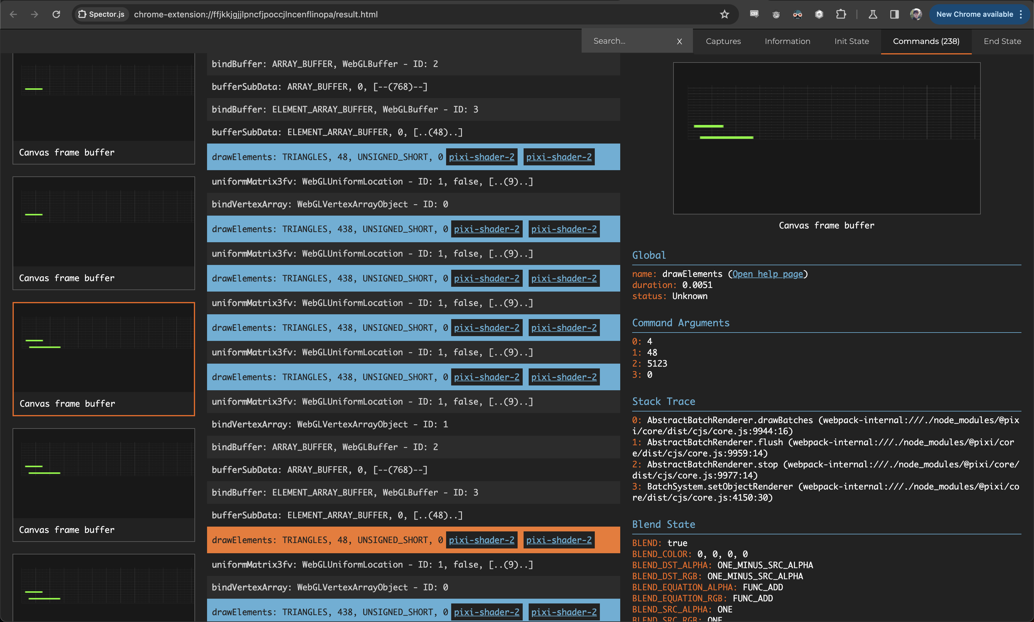 Screenshot of the Spector.JS UI showing the render passes and WebGL commands used to render the MIDI editor UI.  There are screenshots showing the result of each pass as it builds up the UI; each one adds a new line and the notes contained within that pass.  In the middle it shows commands like drawElements, bufferSubData, etc.  On the right it shows details for the currently selected pass such as a stack trace, WebGL flags, and arguments.