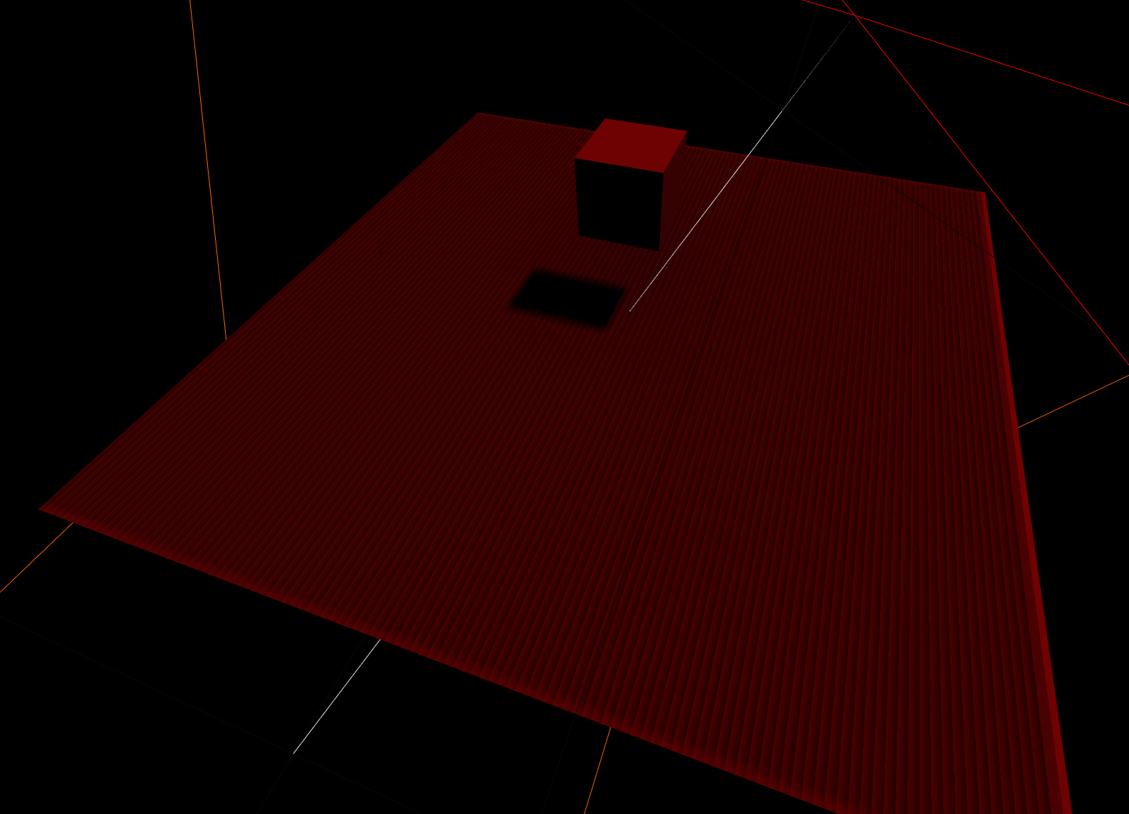 Screenshot of a scene rendered with Three.JS with the buggy godrays pass enabled.  The red plane and red cube look significantly darker and duller than they should.