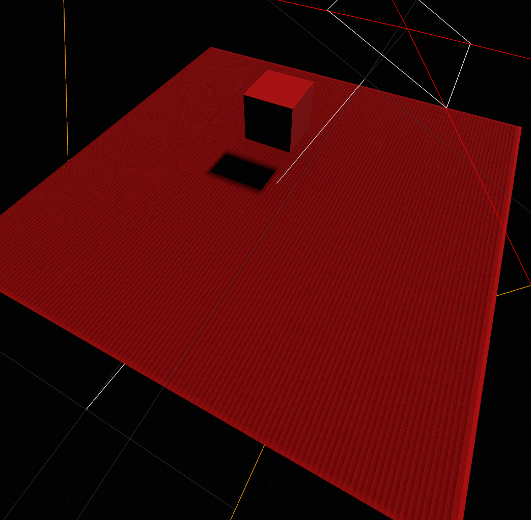 Screenshot of a scene rendered with Three.JS.  There&rsquo;s a red plane with a red cube floating above it, casting a shadow on the plane.  The red color is quite bright and cherry/tomato colored.