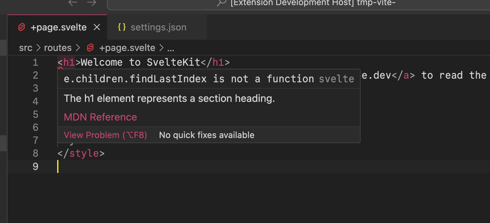 A screenshot of VS Code showing an error at the first character of a Svelte file, marked with a red squiggly line.  The error message reads “e.children.findLastIndex is not a function svelte”