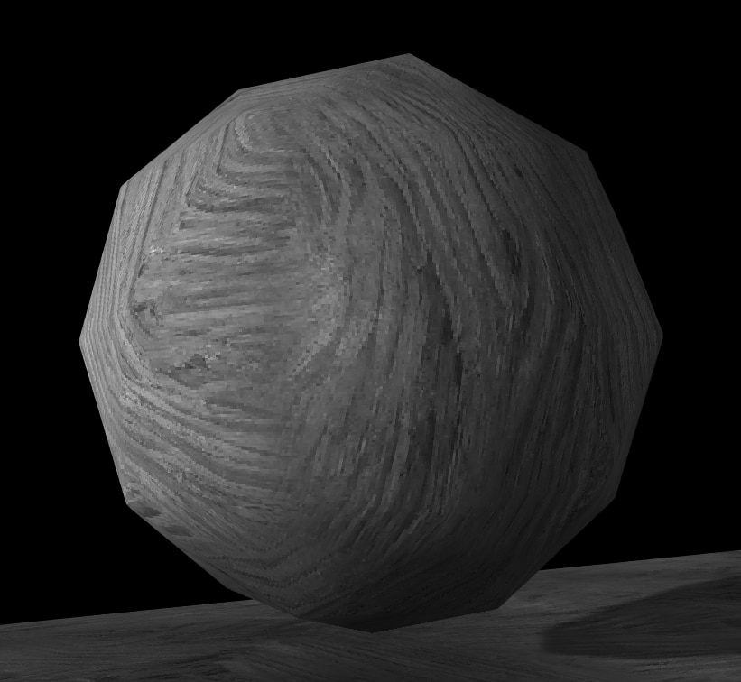 A screenshot of a low-poly icosphere rendered with smooth shading in Three.JS.  It's possible to see that it's composed of rather large polygons when looking against the background, but it's not clear when looking at the interior of the mesh itself. It's textured with a gray stone-like pattern and floating above a platform made of the same material.  The background is pure black.