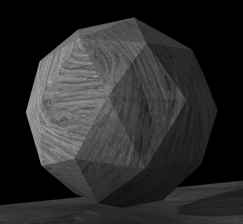 A screenshot of a low-poly icosphere rendered with flat shading in Three.JS.  It's very clear to see where each of the triangles that make it up start and end since there is a very clear line where the shade of the color of the surface suddenly changes. It's textured with a gray stone-like pattern and floating above a platform made of the same material.  The background is pure black.