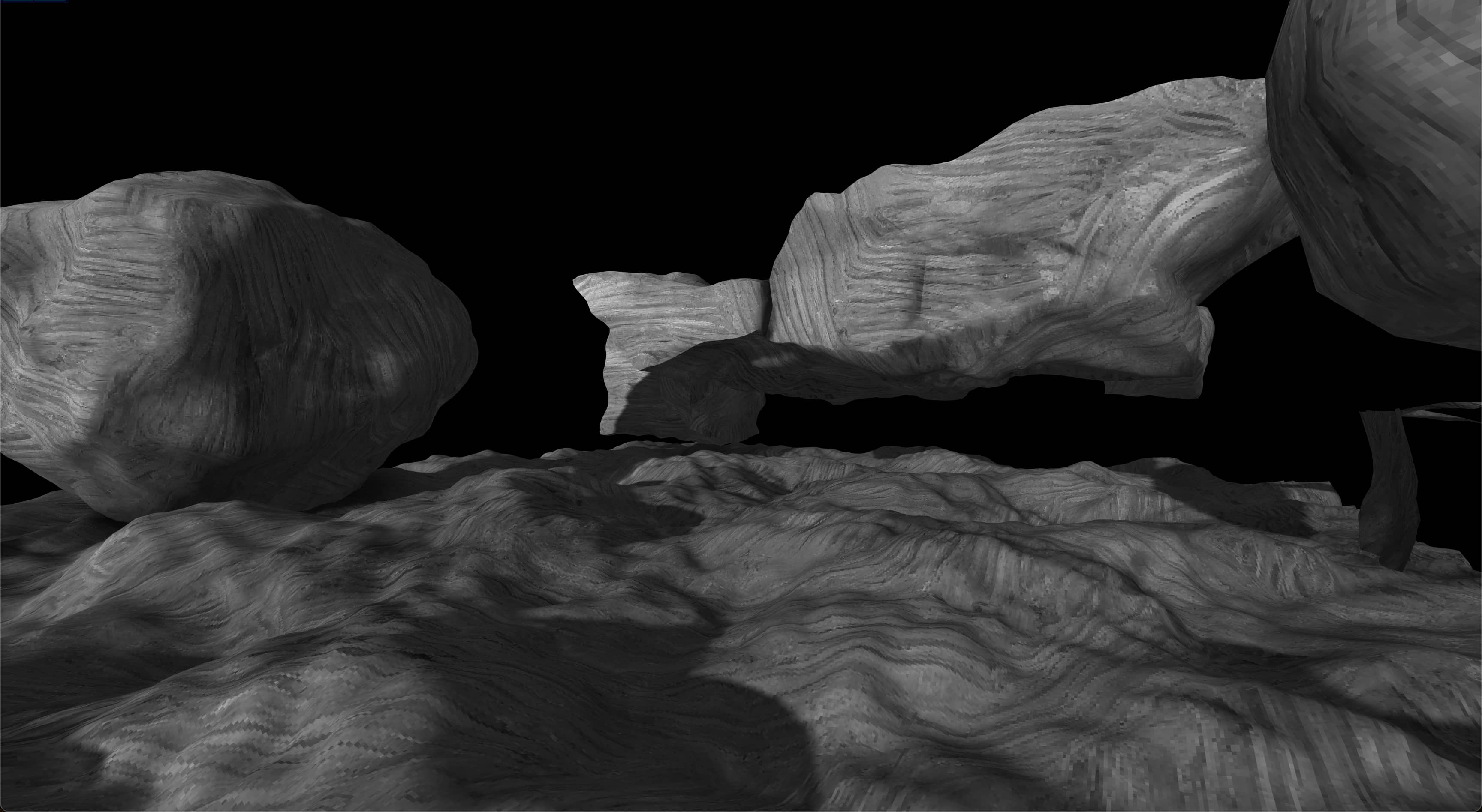 A screenshot of a scene rendered with Three.JS.  There are several floating geometric forms above a rectangular platform.  They're heavily warped and deformed in a somewhat organic-looking way.  The surface of the platform is wrinkly and irregular which has caused a series of complex shadows to emerge. There are some shadows visible cast from a light source off screen. The background is pure black.