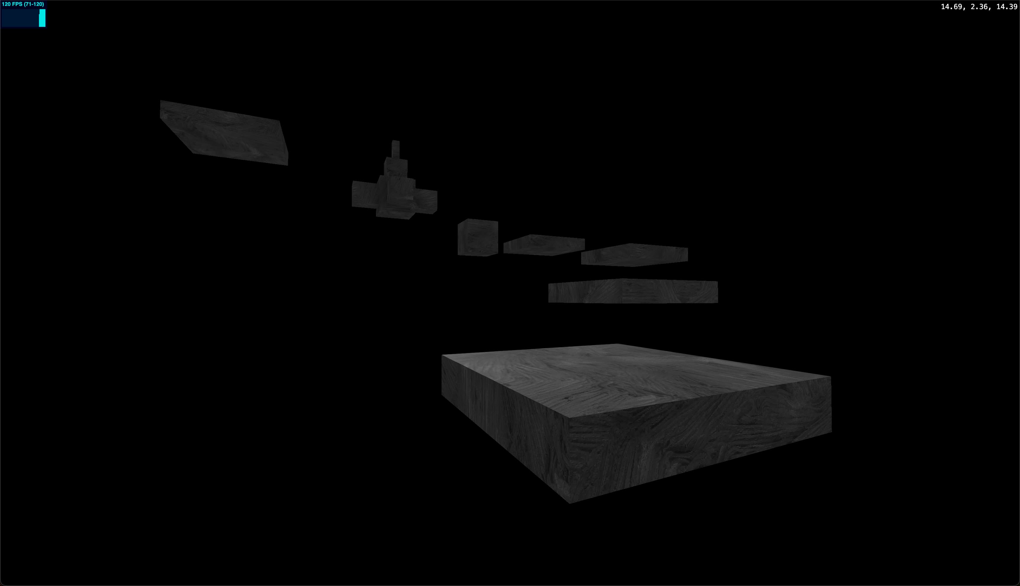 A screenshot of a scene rendered with Three.JS.  There are several floating platforms made up of rectangular prisms floating over a void. The background is pure black.