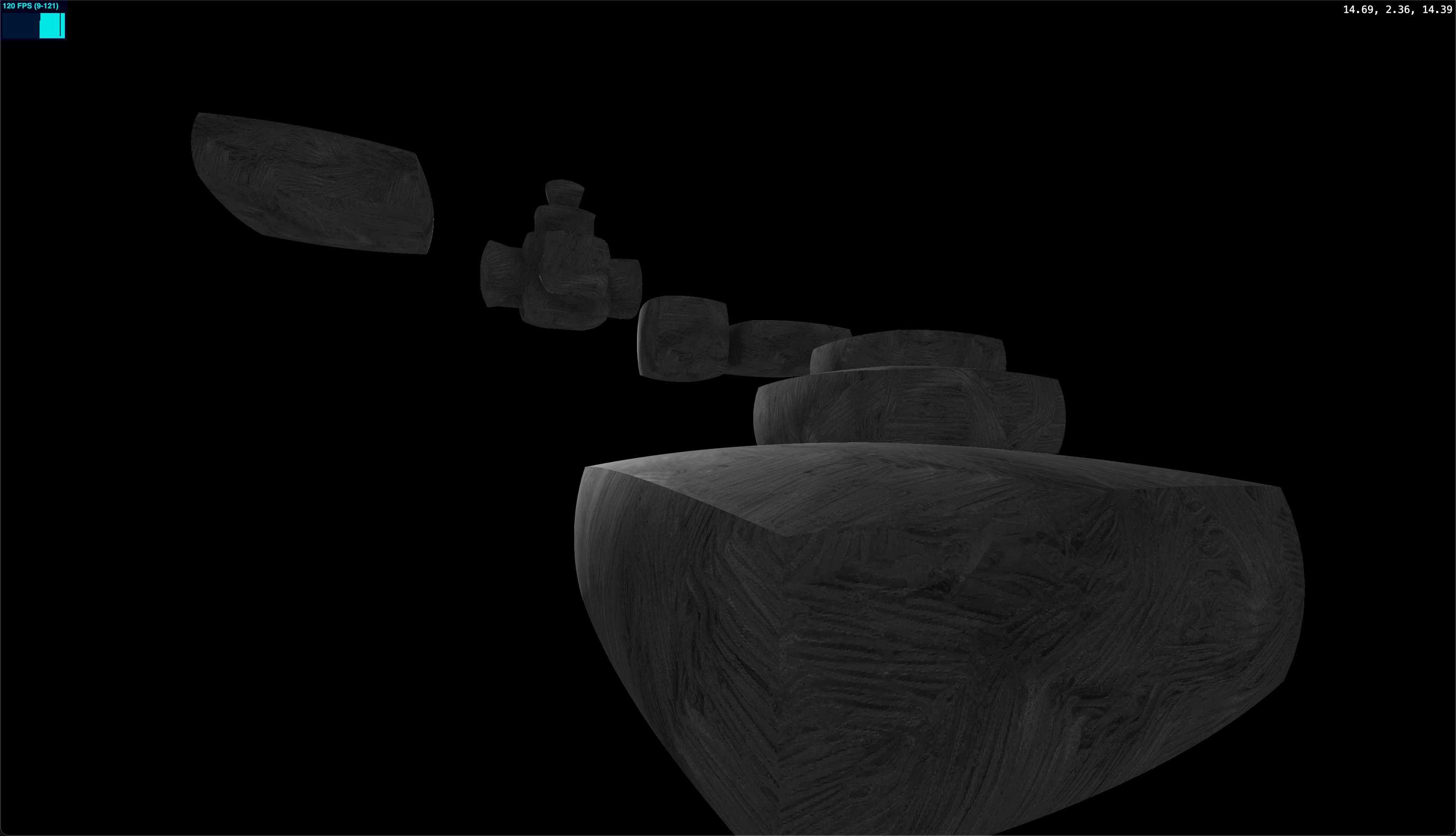 A screenshot of a scene rendered with Three.JS.  There are several floating platforms made out of puffed-up-looking rectangular prisms floating over a void. They look like they've been inflated with air, kind of like a bouncy house. The background is pure black.