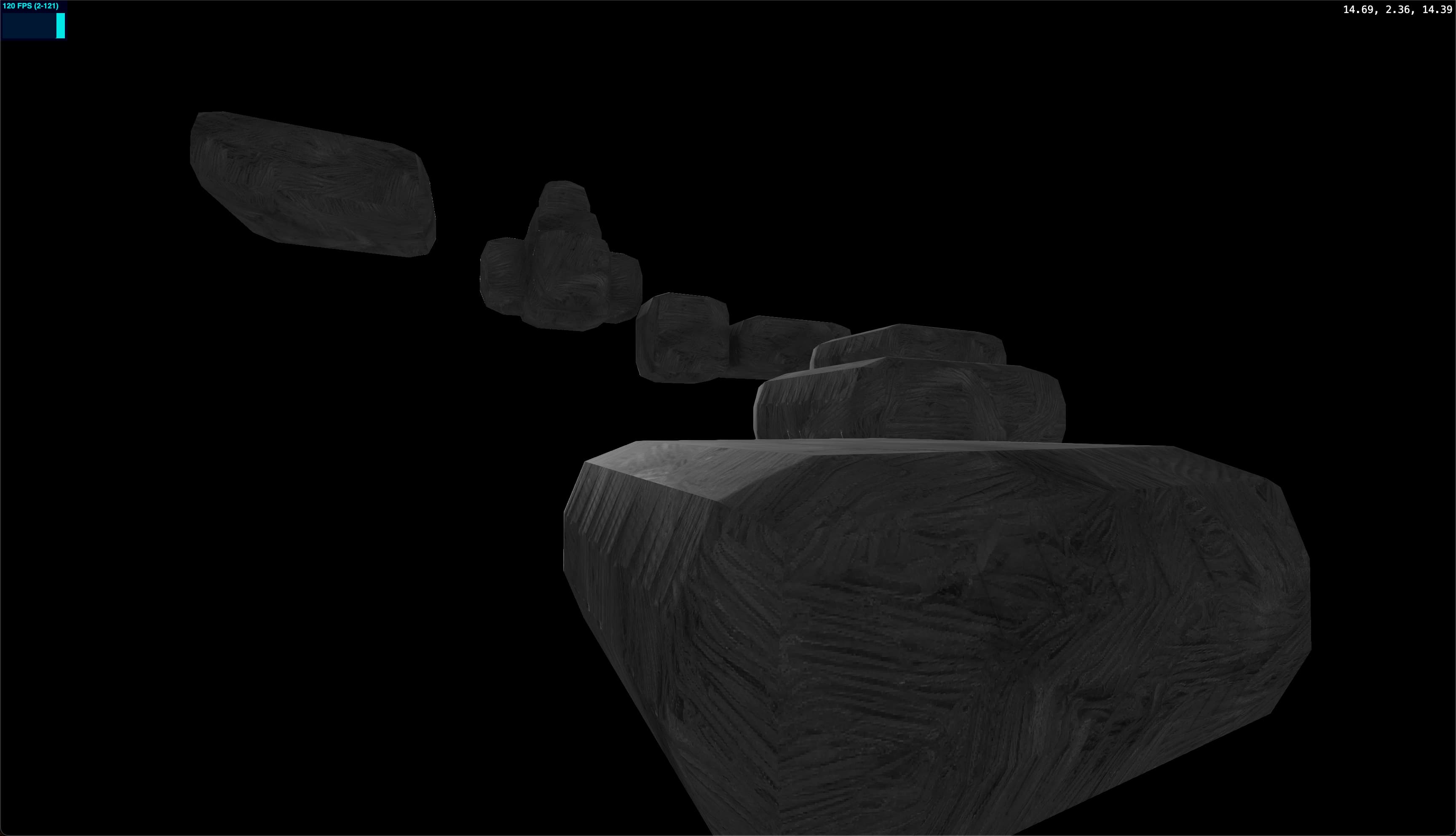 A screenshot of a scene rendered with Three.JS.  There are several floating platforms made up of rectangular prisms floating over a void.  They appear to be beveled in a way with some degree of smoothing on some edges, but with their tops remaining flat.  There are some visible lighting and other graphical artifacts on some areas of the geometry. The background is pure black.