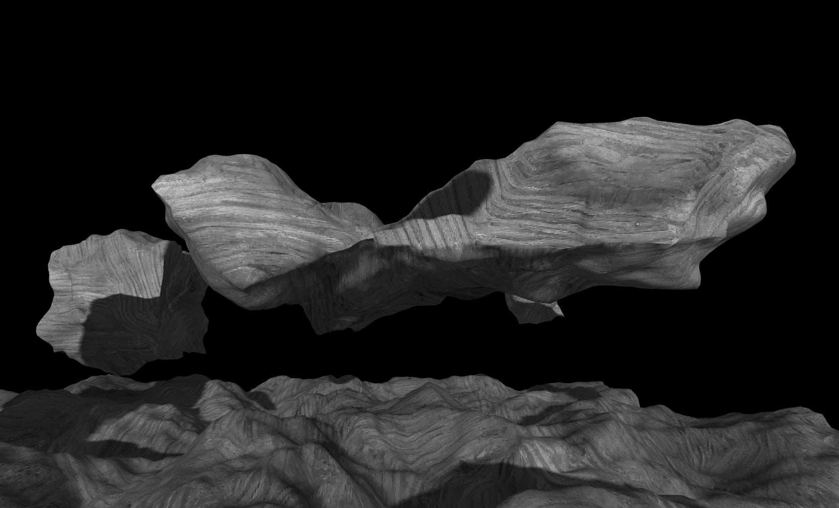 A screenshot of some amorphous structures floating above a wrinkly platform with a pure black background.  Everything is composed of the same gray stone or concrete-like material.  There are prominent shadows cast from the terrian and the floating structures on each other and on the platform.  The edges of the elongated structure floating in the foreground are mostly sharp, but appear somewhat smooth - especially on the left side.