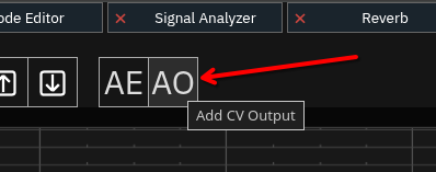 A screenshot of the MIDI editor UI with the "AO" button used to add a CV output to the editor labeled with a red arrow