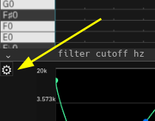 A screenshot of the gear icon used to configure the output range of the CV output, labeled with a yellow arrow