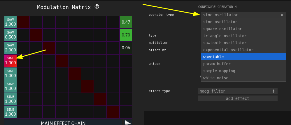 A screenshot of the web synth synth designer UI showing the menu for swapping the operator type to wavetable, called out with a yellow arrow