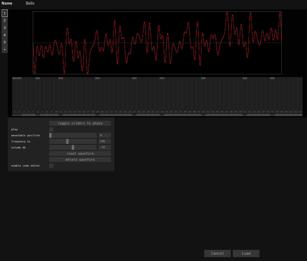 A screenshot of the wavetable editor UI from web synth.  It shows a rendered waveform, sliders to control the magnitude of the different harmonics of the fundamental frequency, and other UI controls to configure playback of the result and manage the UI.