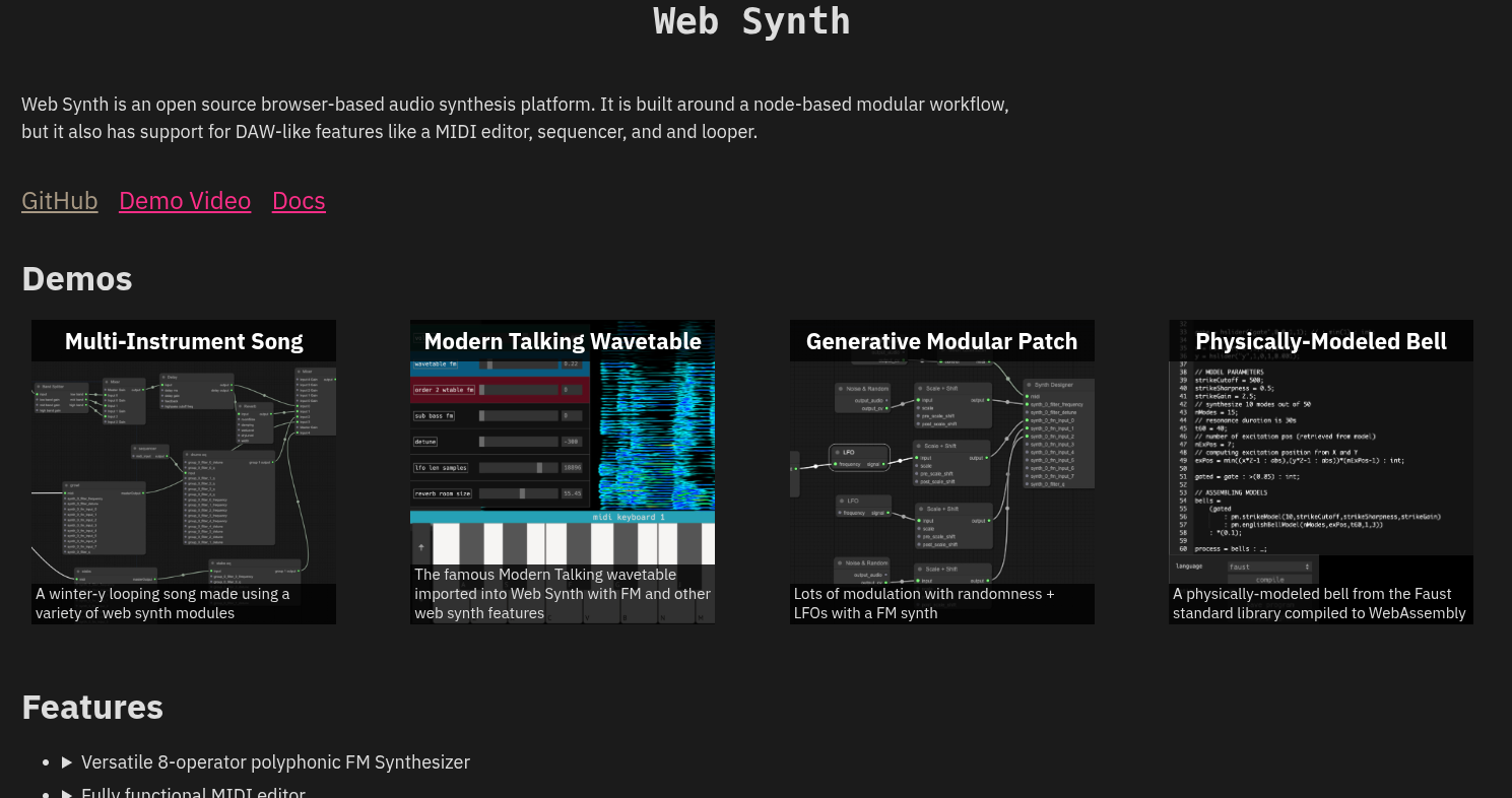 A screenshot of the welcome page of web synth, shown when opening the application for the first time.  It includes some basic information about web synth, links to Github, Demo Video, and Docs, as well as four demo compositions with associated preview images and brief descriptions.