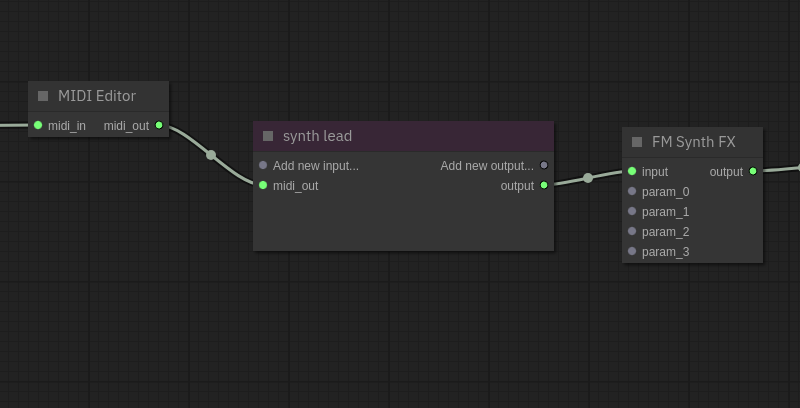 A screenshot of a purple subgraph node in the graph editor which is labeled "synth lead".  It has one incoming connection and one outgoing connection.