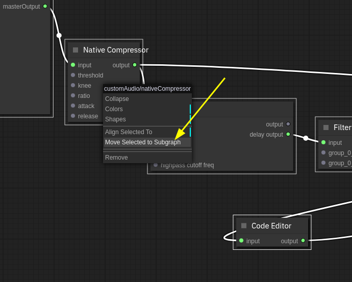 A screenshot of the web synth graph editor, showing a section of nodes that are selected.  There is a context menu open with several items, one of which is "Move Selected to Subgraph".  This menu entry is called out with a yellow arrow.