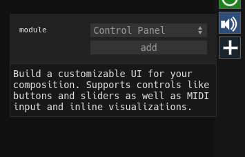 A screenshot of the web synth UI showing the add view context button and the add view context menu open.  The selected module is Control Panel, and there is a brief description of its functionality show as well.
