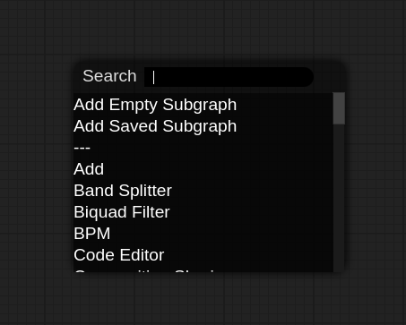 A screenshot of the menu that shows after double-clicking the background of the graph editor.  It shows a variety of node types that can be added to the graph editor including "Band Splitter", "Add", "Code Editor", and others.