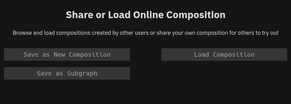 A screenshot of the composition sharing menu from web synth.  It shows a collection of three buttons labeled "Save as New Composition", "Load Composition", and "Save as Subgraph".