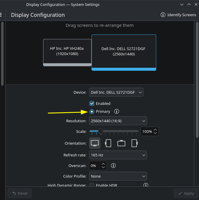 A screenshot of my Linux system display settings showing the primary monitor toggle