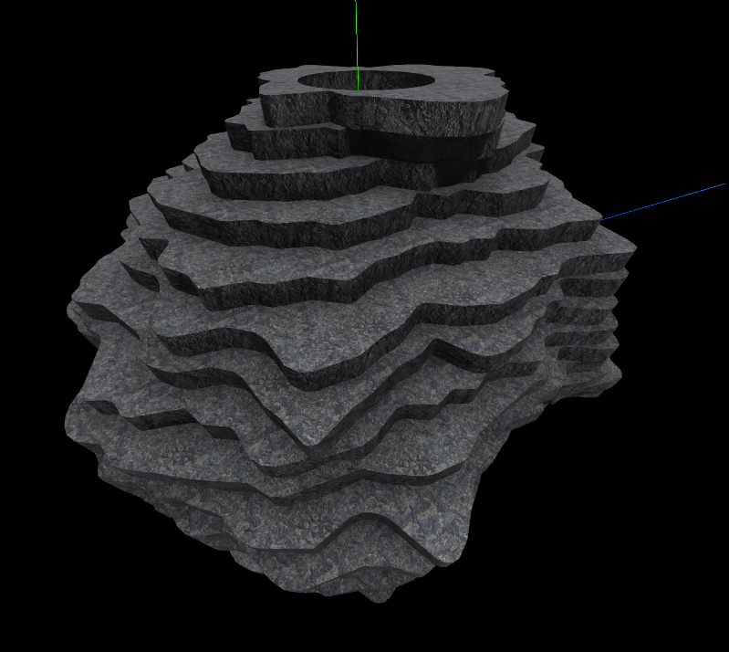 A screenshot of a mesh rendered using Geotoy.  It looks like a ridged floating island, with flat terraces with flat tops and smooth, non-slanted outside edges.  It's made of a gray stone-like material, and appears on a pure black background.