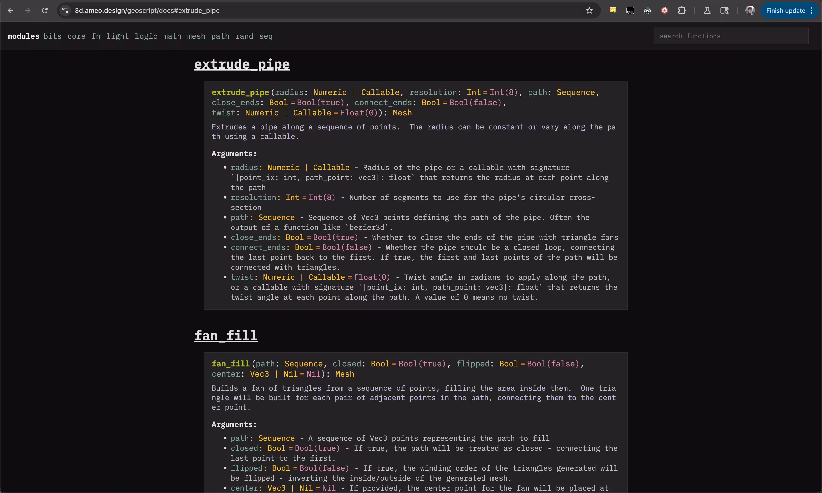 A screenshot of the geoscript docs page at https://3d.ameo.design/geoscript/docs#extrude_pipe loaded in a Chrome browser.  It shows function signatures and docs for two functions,  and .  These include descriptions of their functionality as well as the names, types, and descriptions or arguments and return values.  There is a menu on the top of the page with links to modules as well as a search box.