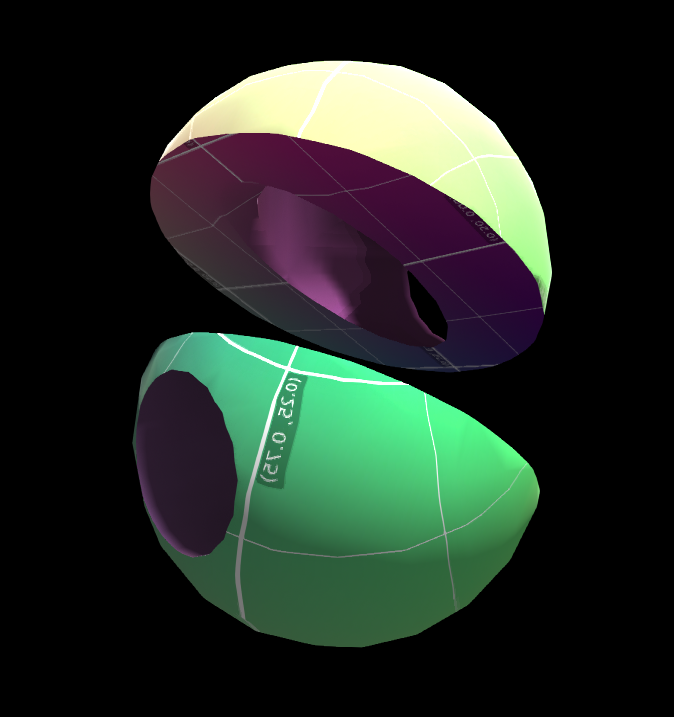 A screenshot of a mesh rendered in Geotoy. It looks like a sphere with some holes drilled in it that has been split in half sideways. The sphere is textured with a debug texture showing UV coordinates across different parts of its surface