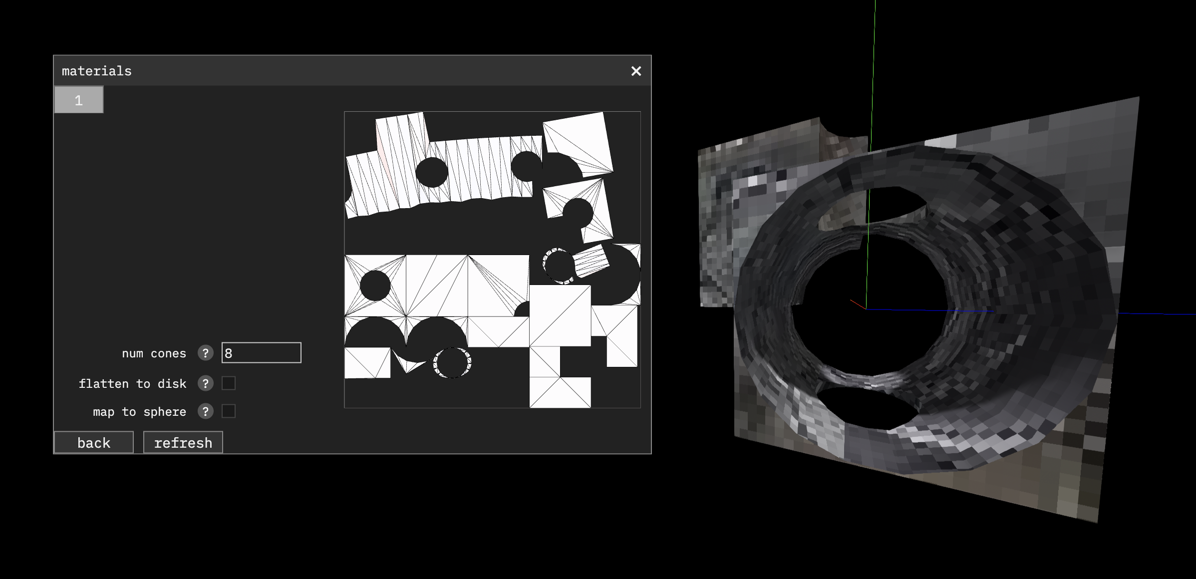 A screenshot of the UI from Geotoy showing the output of the automatic UV unwrapping tool.  There’s a 2D projection of the generated UVs along with some settings for controlling the unwrapping algorithm, and in the background the mesh which is being unwrapped is visible.  The mesh is a geometric shape with two intersecting holes cut into it.